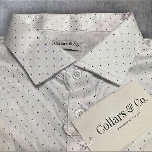 Collars & Co Polo Shirt Mens M White Blue Polka Dot Dress Collar Golf Preppy NWT